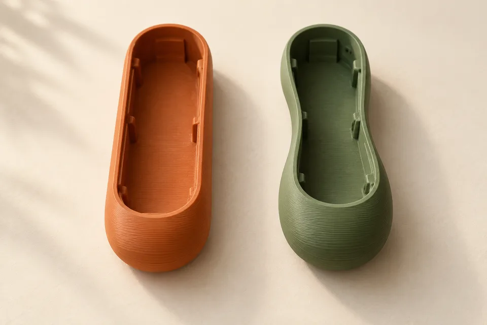 AI-generated comparison of an orange capsule-shaped controller shell and a green shell with a narrower waist and palm swell, both empty.