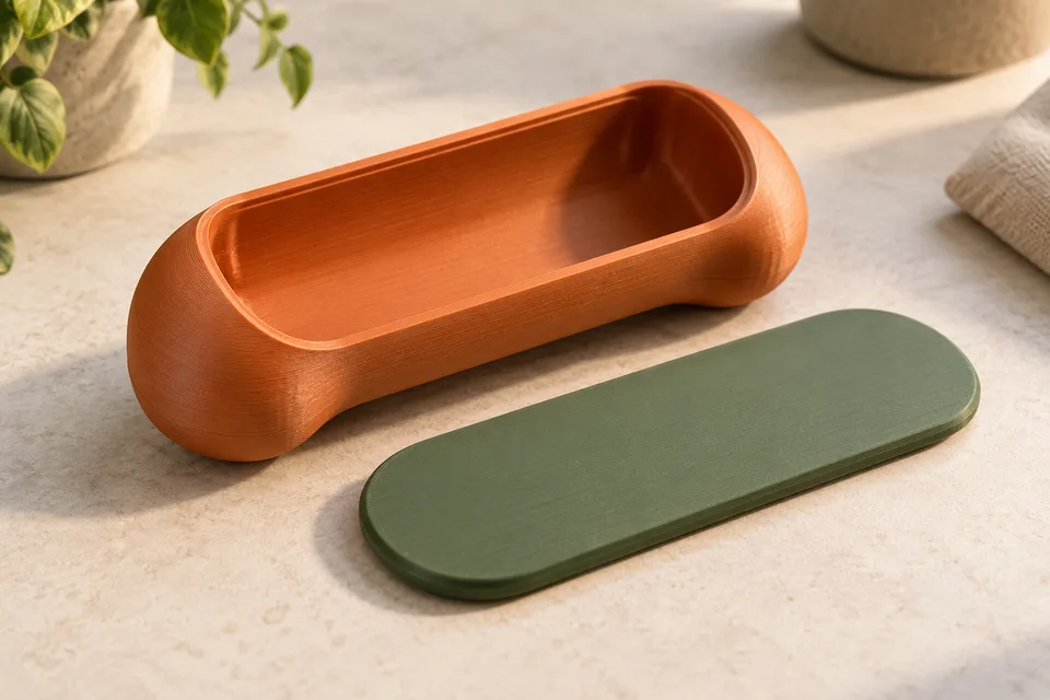 AI-generated empty orange handheld shell beside a separate plain green face plate, with no electronics or designed attachment shown.