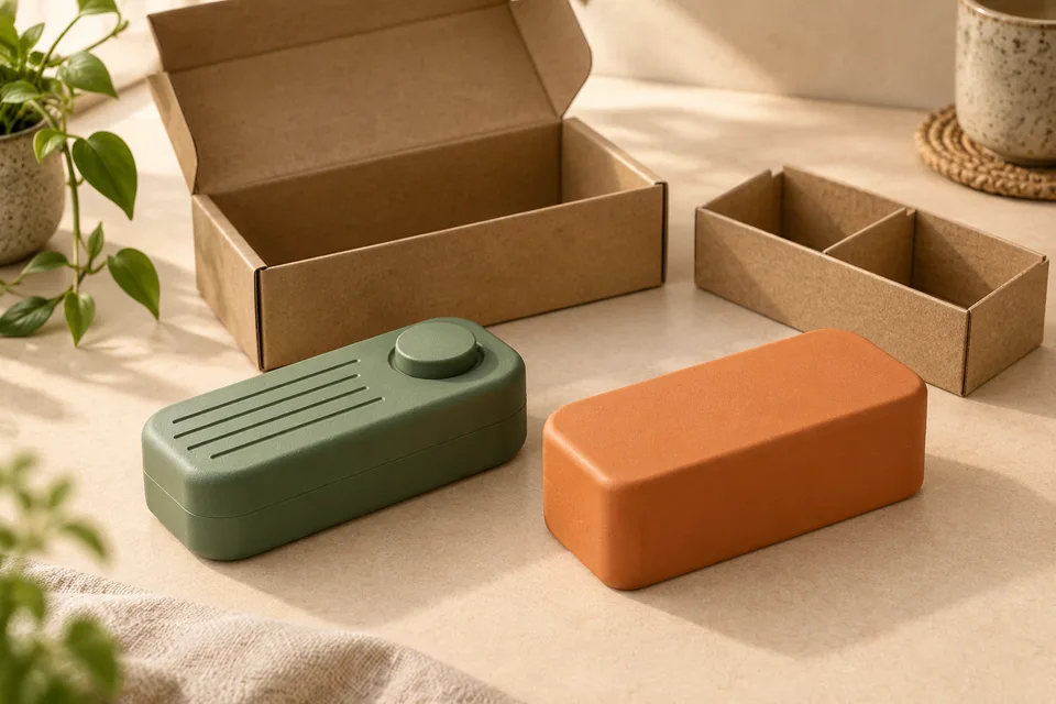 AI-generated fictional green tabletop object with a raised feature beside an orange volume dummy, with an illustrative carton and divider behind.